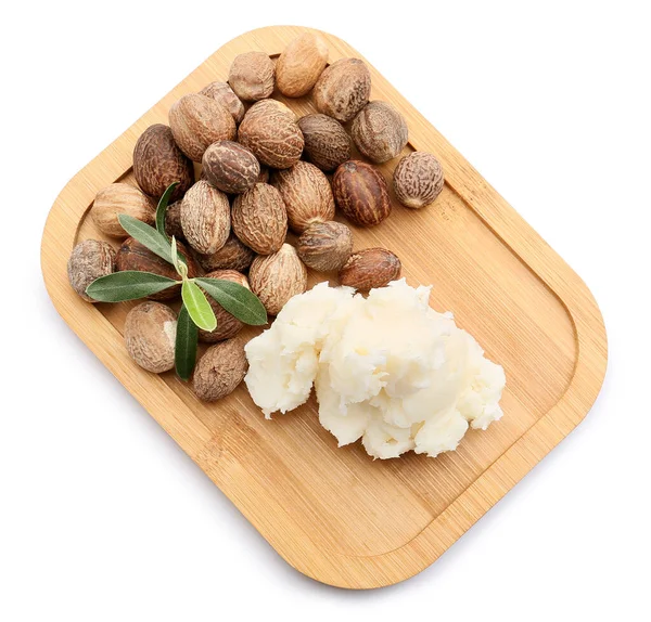 Wooden Board Shea Butter Nuts White Background — Stock Photo, Image