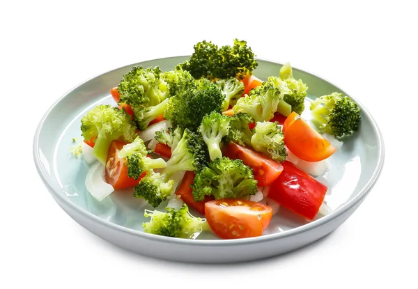 Plate Tasty Salad Broccoli White Background — Stock Photo, Image