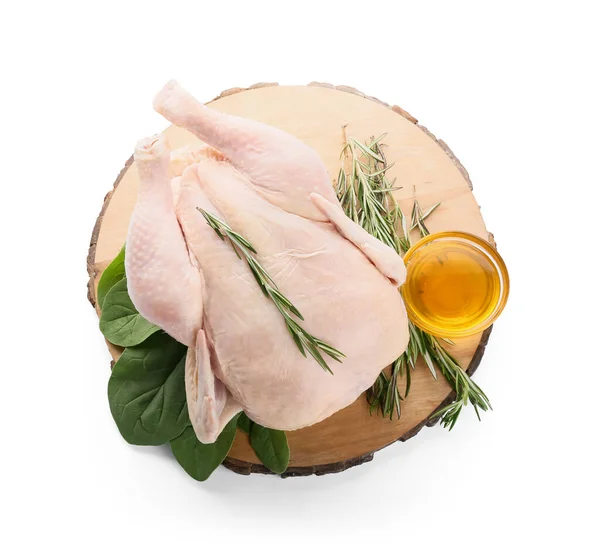 Board Whole Raw Chicken Oil Rosemary Spinach White Background — Stock Photo, Image