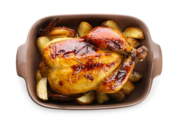 Plat Cuisson Avec Poulet Savoureux Pomme Terre Sur Fond Blanc — Photo