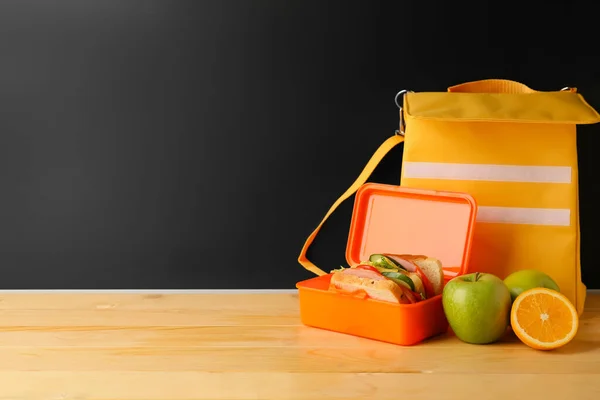 Lunch Box Tasty Sandwiches Bag Fruits Wooden Table Classroom — Stock Photo, Image