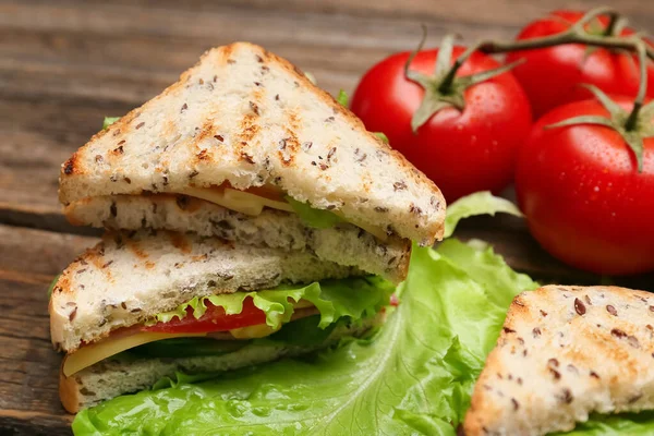 Tasty Sandwiches Wooden Background Closeup — Stock Photo, Image