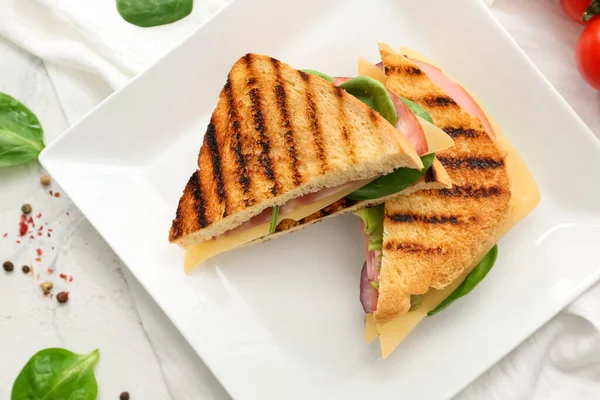 Plate Tasty Sandwiches Light Background — Stock Photo, Image