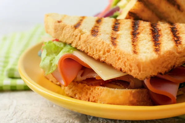 Plate Tasty Sandwich Light Background Closeup — Stock Photo, Image