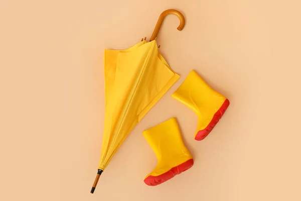 Stylish Umbrella Gumboots Color Background — Stock Photo, Image