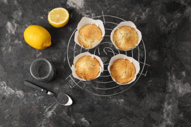 Koyu arkaplanda haşhaş tohumu kekleri olan soğutma ızgarası