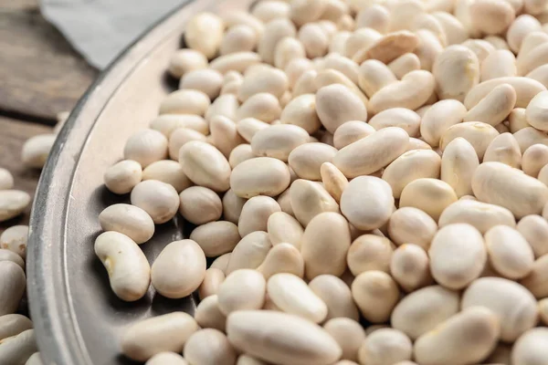 Plate Raw Beans Table Closeup — Stock Photo, Image