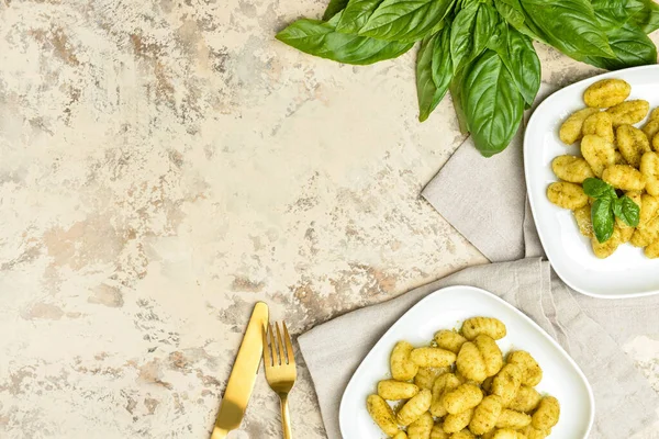 Plates Tasty Pesto Gnocchi Light Background — Stock Photo, Image
