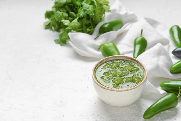 Bowl Tomatillo Salsa Verde Sauce Jalapeno Pepper Light Background — Stock Photo, Image