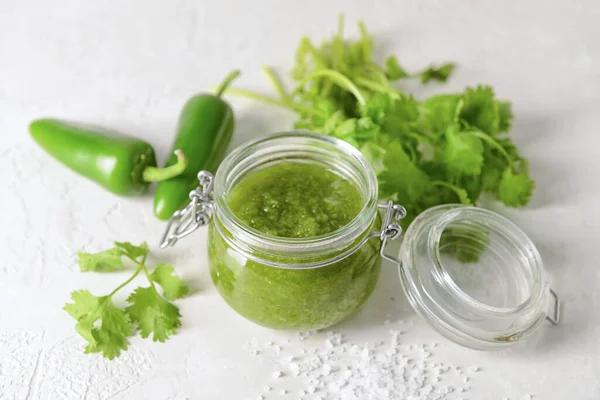 Glass Jar Tomatillo Salsa Verde Sauce Light Background — Stock Photo, Image