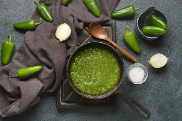 Frying Pan Tomatillo Salsa Verde Sauce Ingredients Dark Background — Stock Photo, Image