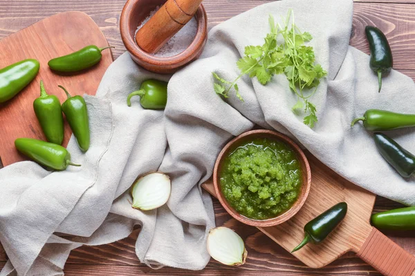 Composition Tomatillo Salsa Verde Sauce Wooden Background — Stock Photo, Image