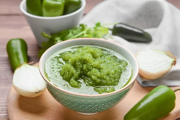 Bowl Tomatillo Salsa Verde Sauce Table — Stock Photo, Image