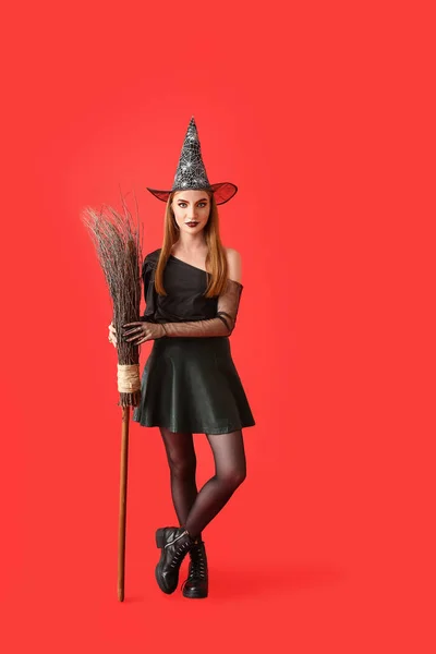 Mooie Vrouw Verkleed Als Heks Voor Halloween Kleur Achtergrond — Stockfoto