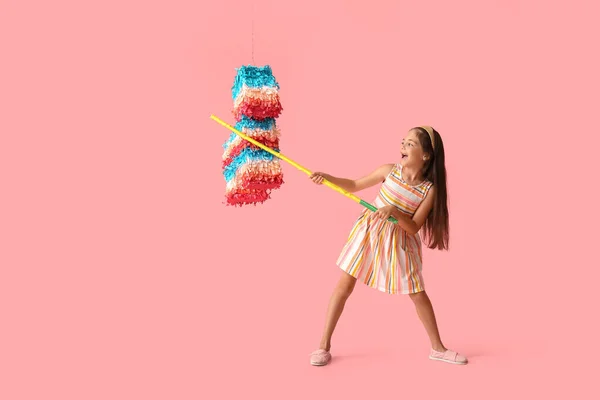 Little Girl Breaking Mexican Pinata Color Background — Stock Photo, Image