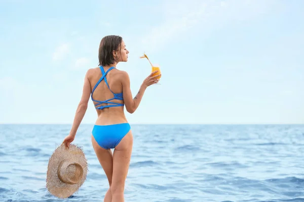 Beautiful Young Woman Drinking Cocktail Sea Beach — Stock Photo, Image
