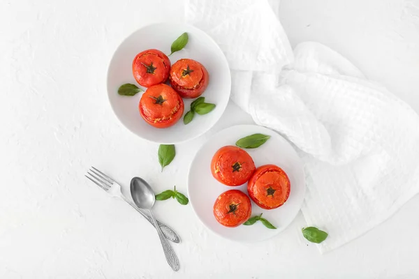 Plates Tasty Stuffed Tomatoes Light Background — Stock Photo, Image