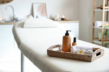 Kuafördeki kanepede güzel bir spa kompozisyonu olan tepsi.