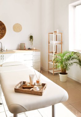 Kuafördeki kanepede güzel bir spa kompozisyonu olan tepsi.