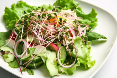 Sebzeli lezzetli salata, kızarmış yumurta ve arka planda mikro yeşil, yakın plan.