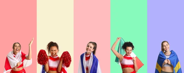 Piękne Cheerleaderki Różnymi Flagami Tle Koloru — Zdjęcie stockowe