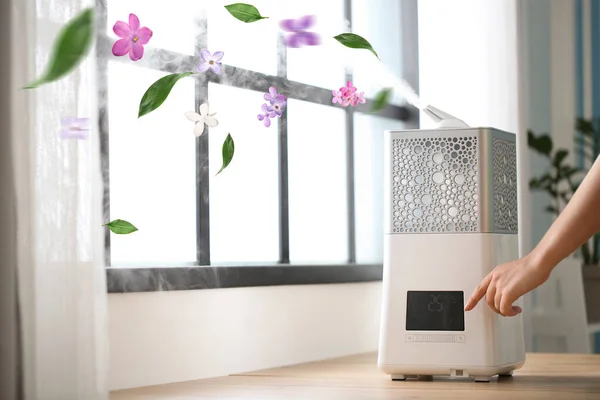 Woman Switching Modern Humidifier Room — Stock Photo, Image