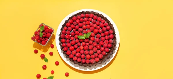 Composition Tasty Raspberry Pie Color Background — Stock Photo, Image
