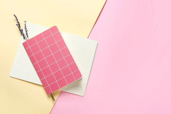 Cuadernos Flores Lavanda Sobre Fondo Color —  Fotos de Stock