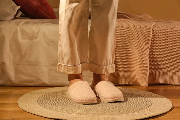 Woman Wearing Soft Slippers Home — Stock Photo, Image