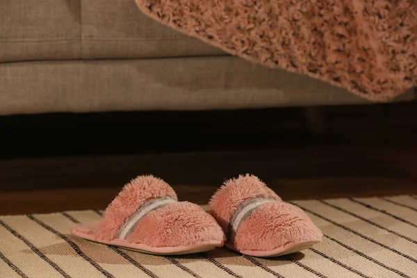 家用地毯上的雌性软拖鞋 — 图库照片