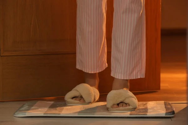 Woman Wearing Soft Slippers Home Closeup — Stock Photo, Image