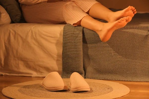 Soft Slippers Woman Lying Bed Home — Stock Photo, Image