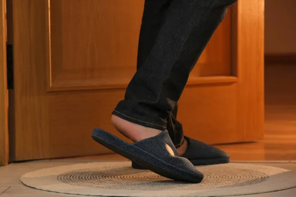 Man Wearing Soft Slippers Home Closeup — Stock Photo, Image