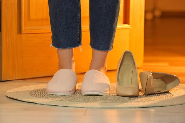 Woman Wearing Soft Slippers Home Work Day Closeup — Stock Photo, Image