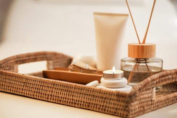 Tray Beautiful Spa Composition Couch Salon Closeup — Stock Photo, Image