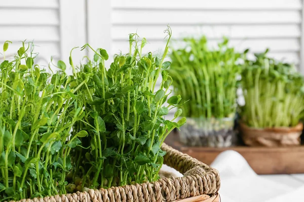 Cesto Con Micro Verde Fresco Sul Tavolo Primo Piano — Foto Stock