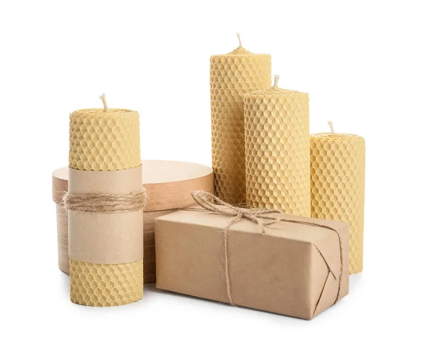Wax Candles Gift Boxes White Background — Stock Photo, Image