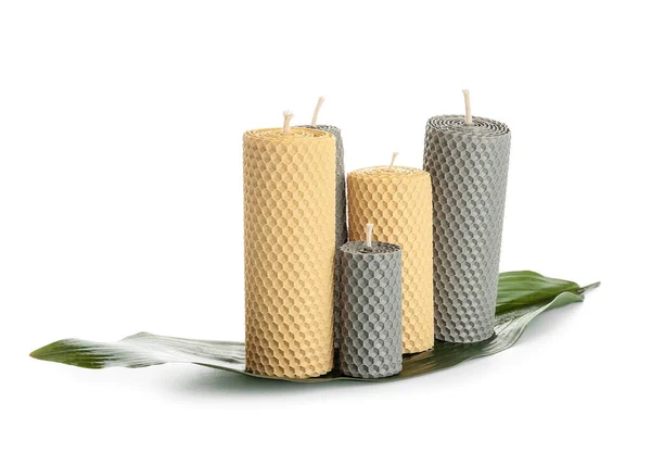 Palm Leaf Different Wax Candles White Background — Stock Photo, Image