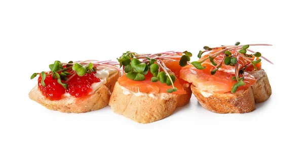 Tasty Bruschettas Salmon Red Caviar Micro Green White Background — Stock Photo, Image