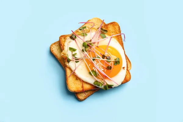 Tasty Toasts Fried Egg Micro Green Color Background — Stock Photo, Image