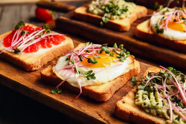 Wooden Boards Delicious Toasts Closeup — Stock Photo, Image