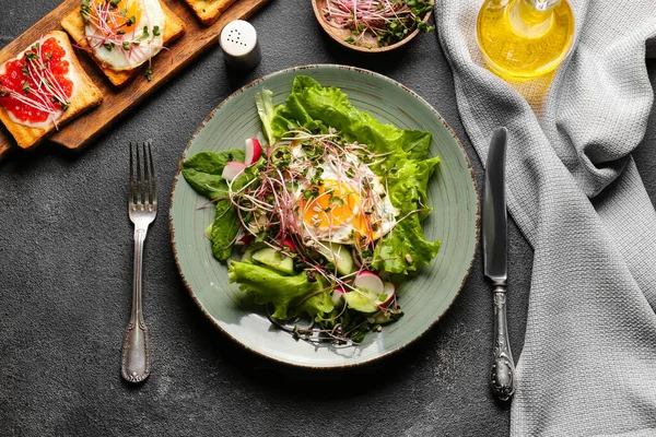 Plate Tasty Salad Vegetables Fried Egg Micro Green Dark Background — Stock Photo, Image