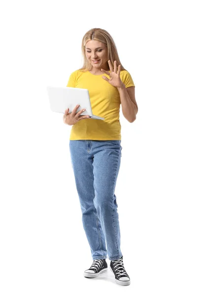 Woman Laptop White Background — Stock Photo, Image