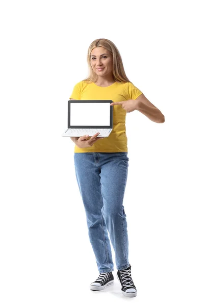 Vrouw Met Laptop Witte Achtergrond — Stockfoto