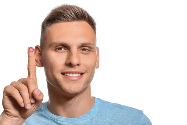 Young Man Putting Contact Lens White Background — Stock Photo, Image