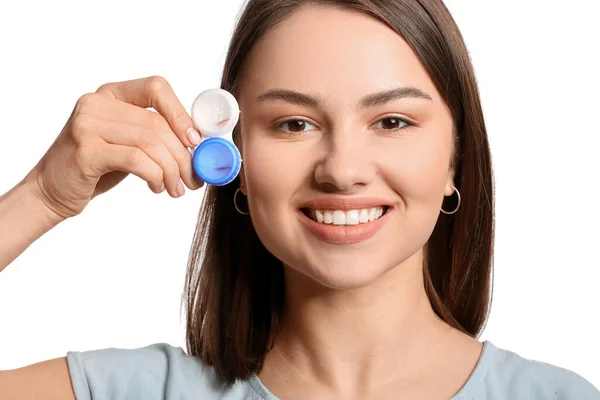 Young Woman Contact Lenses White Background — Stock Photo, Image