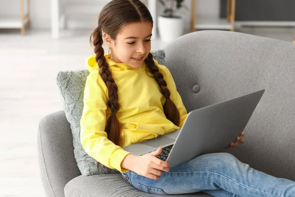 Cute Girl Watching Cartoons Home — Stock Photo, Image