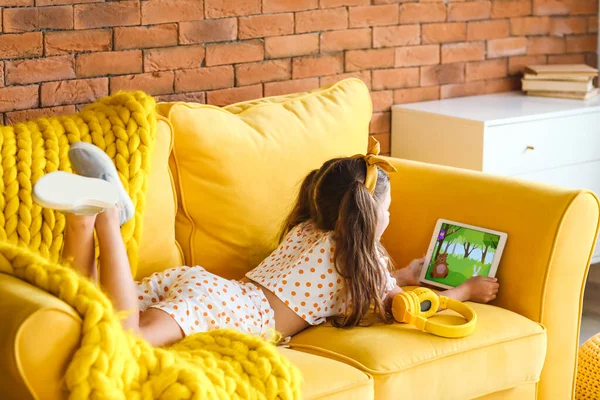 Cute Girl Watching Cartoons Home — Stock Photo, Image