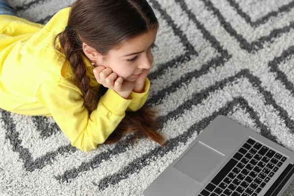 Cute Girl Watching Cartoons Home — Stock Photo, Image