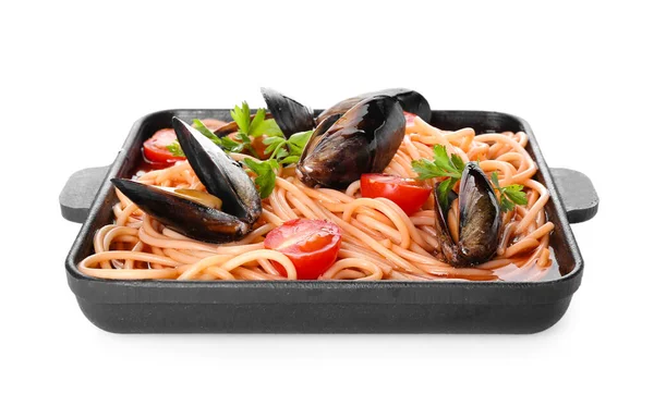 Baking Dish Tasty Mussels Marinara White Background — Stock Photo, Image